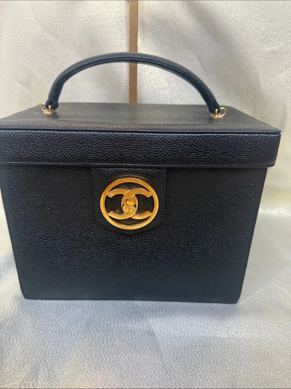 CHANEL Black Top-Handle Vanity Box Bag with Gold CC Medallion and large CC
